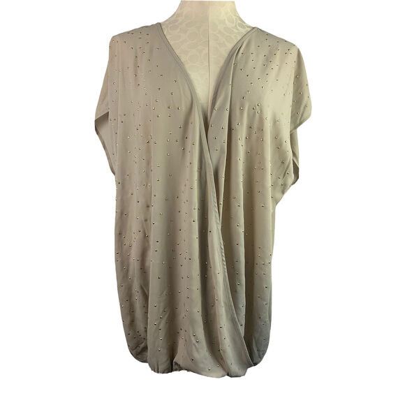 22/24 Lane Bryant Tan Goldtone Jewel Faux Wrap Banded Bottom Top Sheer - Picture 1 of 7
